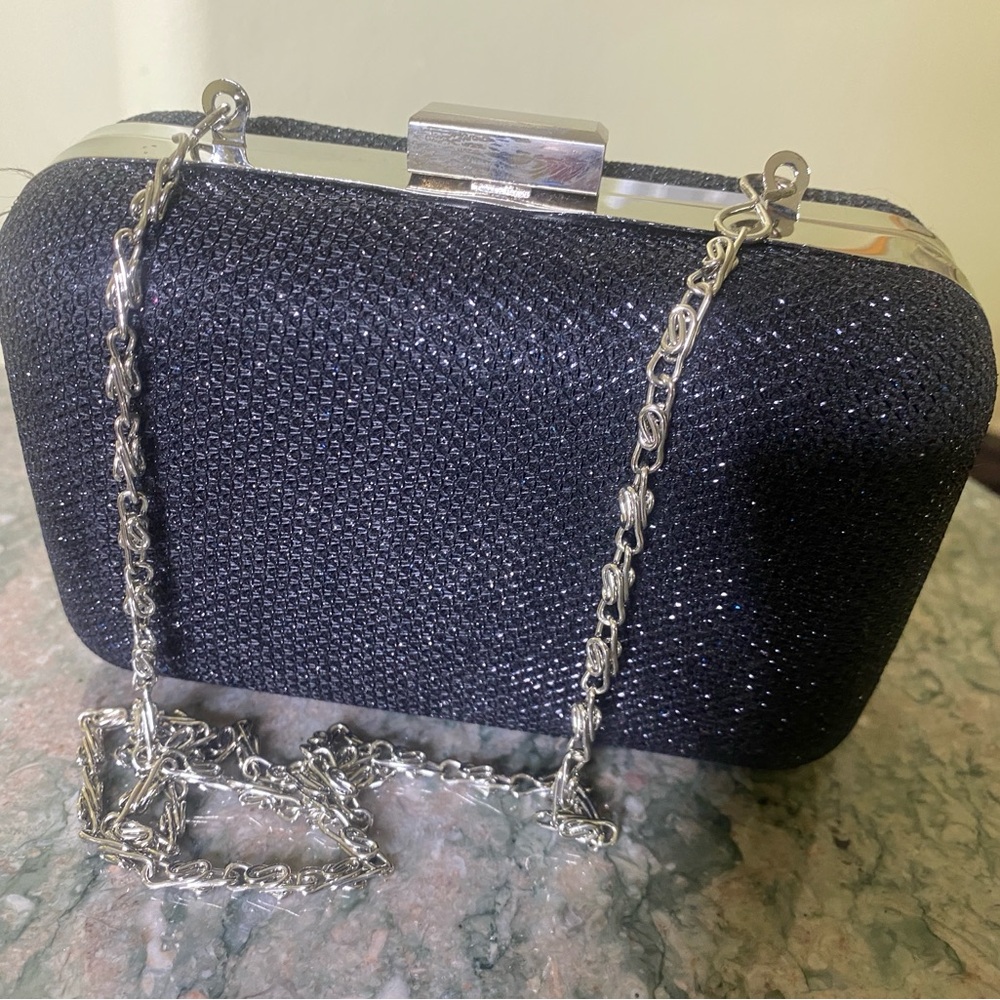 Jessica McClintock Black Glitter Clutch with Silver Chain